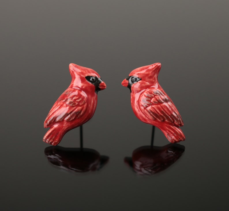 Red Cardinals ceramic earrings Red bird jewelry Small wild Etsy
