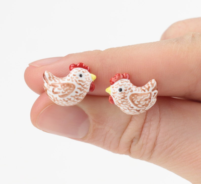 Brown Chicken Ceramic Earrings Chickens Stud Earrings White Etsy