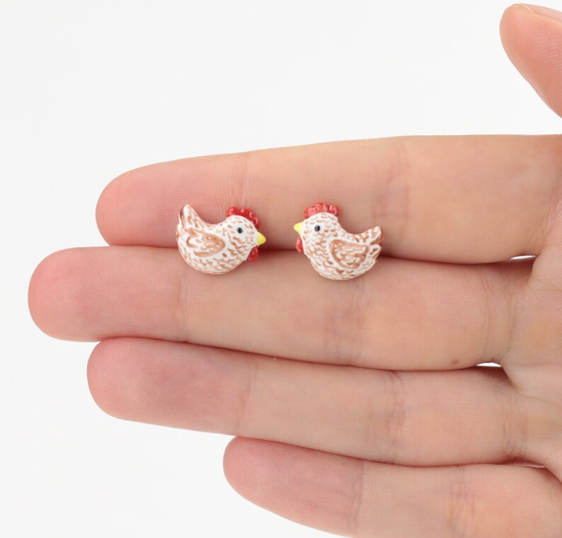 Brown Chicken Ceramic Earrings Chickens Stud Earrings White Etsy