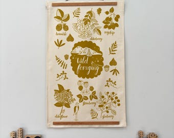 Hand Printed Wild Foraging Tea Towel | Botanical Kitchen Decor