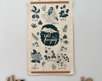 Hand Printed Wild Foraging Tea Towel (Teal) | Screen Printed Botanical Dish Cloth, Woodland Kitchen Decor