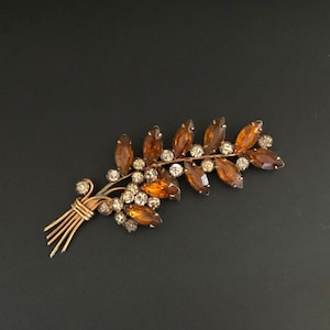 Large Vintage Floral Spray Brooch with Amber Cut Glass and Rhinestones