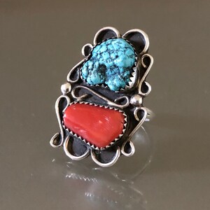 Large Fabulous Southwestern Style Turquoise Coral Sterling Silver Ring