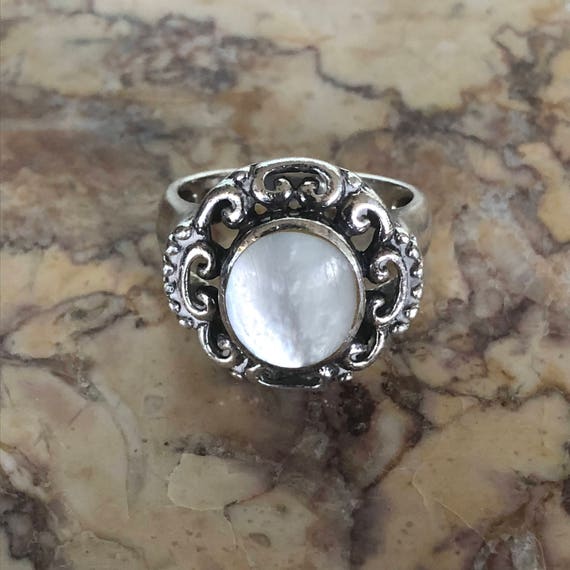 Ornate Sterling Silver Faux Mother of Pearl Ring - image 2