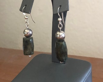 Dark Green Modernist Faceted Labradorite and Sterling Silver Drop Earrings