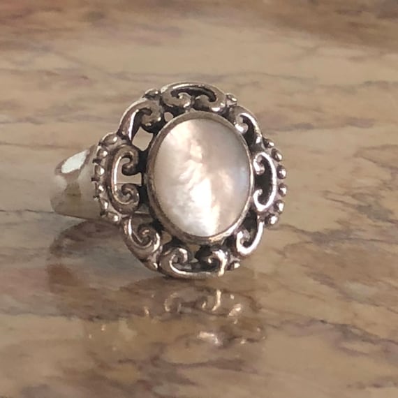Ornate Sterling Silver Faux Mother of Pearl Ring - image 1