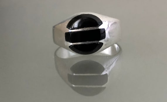 Mexican Modernist Onyx and Sterling Silver Ring