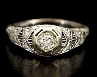 Art Deco 14K-18K 0.11 CT Diamond Ring - GIA-Verified