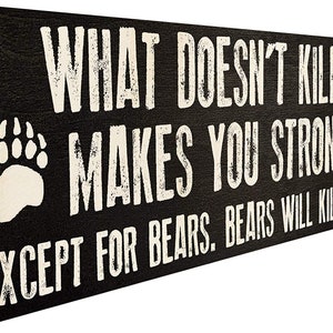 What Doesn't Kill You Makes You Stronger, Except for Bears. Bears Will Kill You Dead - 4-inch by 12-inch Solid Wood Sign