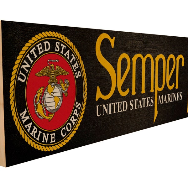 Semper Fi. USMC Logo and Motto. Handmade Wood Sign licensed by the United States Marine Corps.