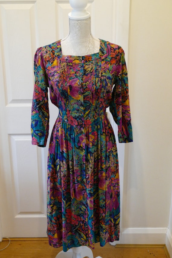 Vintage Floral Tea Dress. 1980’s Does 1940’s Plums