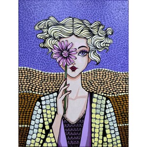 Art acrylique fille avec fleur Oeuvre d&#39;art fille blonde Fashion girl peinture originale portrait de femme bouclée Art original féminin coloré 12 &quot;x 16&quot;
