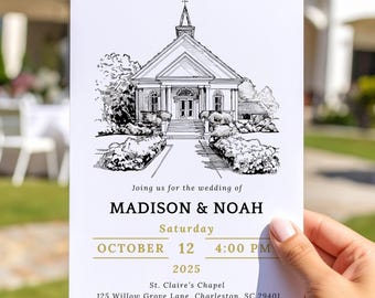 Custom Wedding Invitation with Hand-Drawn Venue Illustration | Editable Canva Template | Personalized Wedding Invite | Digital Download