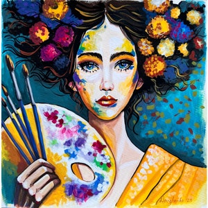 Portrait of a girl artist Artist woman gouache painting Fashion girl portrait Original female portrait Colorful portrait Woman face wall Art