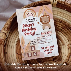 Bearbeitbarer Boho Lion Canva Einladung Jungen Geburtstag Party Vorlage Braun und Beige Design Invite Bearbeitbare Party einladen Wild One 10th Birthday