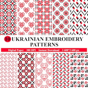 Puede incluir: Un papel digital con diez patrones de bordado ucraniano en rojo, negro y blanco. Los diseños incluyen motivos florales, geométricos y de corazón. La imagen incluye el texto "10 Ukrainian Embroidery Patterns".