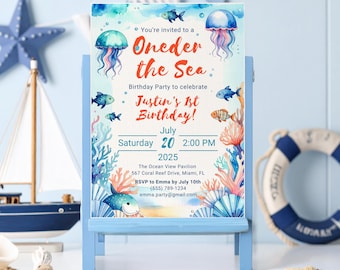 Invitation d'anniversaire Oneder la mer | Modèle de toile modifiable | Sous l'invitation de fête d'anniversaire de la mer | Téléchargement numérique imprimable