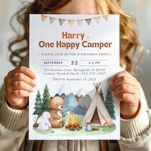 Un joyeux anniversaire de campeur | Invitation 1er anniversaire sur le thème du camping | Modèle de toile modifiable | Téléchargement numérique imprimable