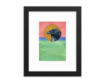 Raven watercolor painting print, gift for bird lover, nature,  8" x 10" framed, boho wall decor, birder present, original art