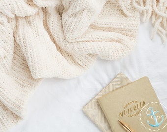 Blanket and Notebooks Styled Stock Photography | Cozy Stock Photo | Cream blanket | White Bed Gold Notebook | Lifestyle Styled Stock Photo