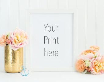 8 x 10 Frame Mockup Styled Stock | Art Mock-up | Peach Florals Pink Florals | Gold Vase | Printable frame mockup | Minimalist White Frame