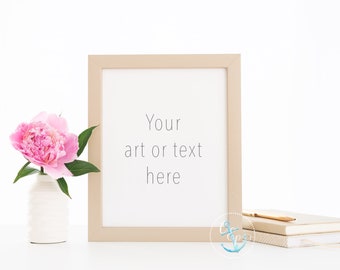 Gold Frame and Peony Minimalist wall art mockup | Neutral art Mock-up | Pink Flower White Vase notebooks, pen, Styled Stock Photo 8x10 16x20