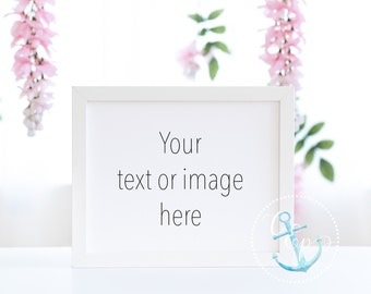 Pink Wisteria Mockup | light airy 8x10 white frame mock-up | Floral Styled Stock Photo | landscape, horizontal frame mockup | Minimalist