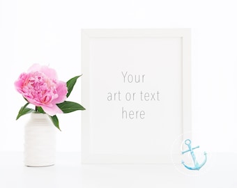 White frame wall art mockup | Simple Pink Peony Mock-up Product Mockup | Flower in White Vase Styled Stock Photography  8x10 vertical frame