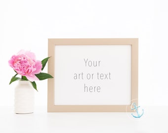 Gold Frame and Peony Minimalist wall art mockup | Simple art Mock-up | Pink Flower White Vase Styled Stock Photography  8x10 16x20
