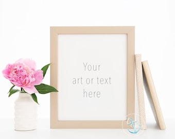 Gold Frame and Peony Minimalist wall art mockup | Neutral art Mock-up | Pink Flower White Vase Notebooks Styled Stock Photography 8x10 16x20