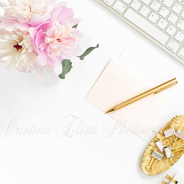Styled Stock Photography | Flatlay Desk Mockup | Pink Peonies | Gold | Pinterest Layout | Vertical | Stylized photo | Pen and card