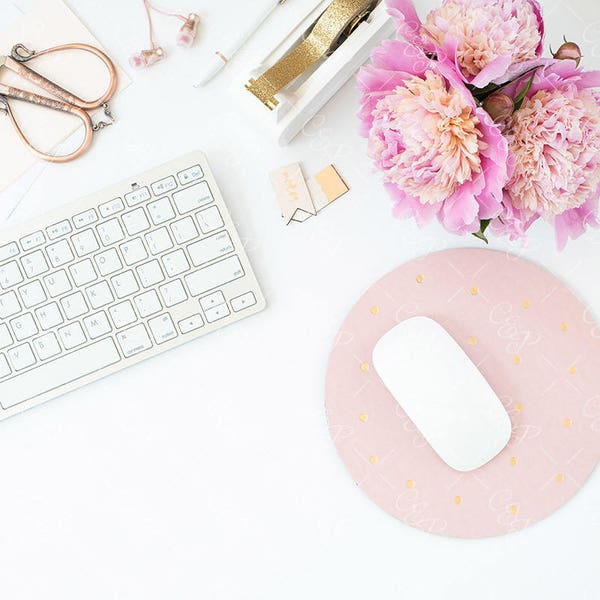 Styled Stock Photography | Flatlay Styled Desk | Vertical Pinterest | Gold Washi Tape |Tape Dispenser Mockup | Mock-up | rose gold earbuds