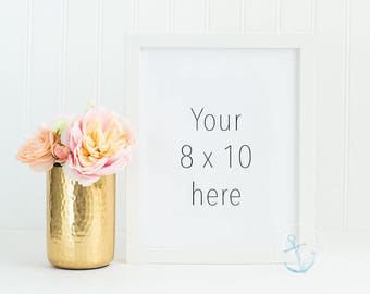 8 x 10 Frame Mockup Styled Stock | Art Mock-up | Peach Florals Pink Florals | Gold Vase | Printable frame mockup | Minimalist White Frame