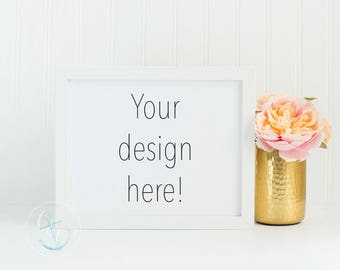 Landscape 8 x 10 Frame Mockup Styled Stock | Art Mock-up | Peach Florals Pink Florals | frame mockup | Minimalist Horizontal Gold Vase