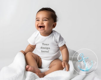 baby bodysuit mock-up white onesie mockup happy baby boy model  baby bodysuite, babygrow, gerber, minimalist style, kid shirt