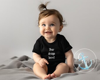 baby black bodysuit mock-up black onesie mockup baby girl in baby bodysuite, babygrow, gerber minimalist, gray background infant modelmockup