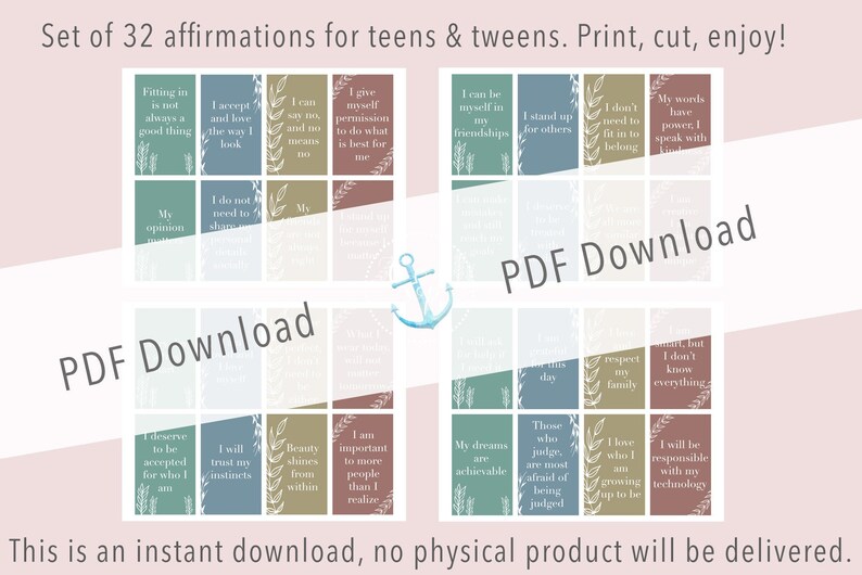 Printable affirmation cards for teens & tweens, set of 32 Earth tone cards instant download, positive messages kids positivity encouragement image 3