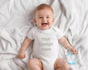 Infant bodysuit mock-up White onesie mockup happy baby boy modeling t-shirt, babygrow, gerber, minimalist bright airy stock photo, kid shirt