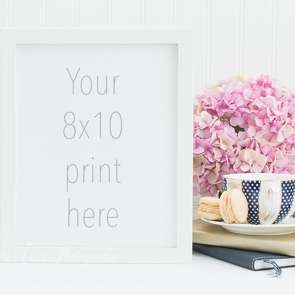 8x10 White Frame Mockup Styled Stock | Navy Blue and Pink Floral | Macaron Tea Product Prinatable Art Mock up | Hydrangeas | Wall Art Mock