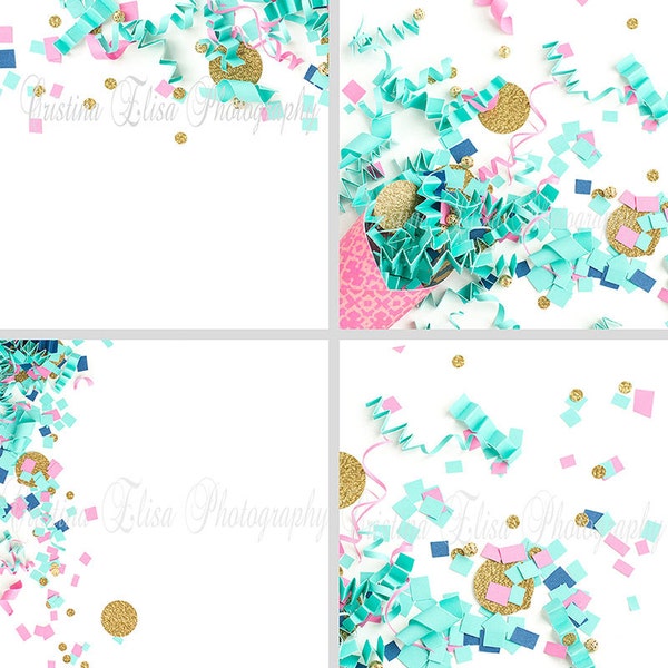 Confetti Instagram Bundle | Styled Stock Photography | Set of 4 social media squares | Instant Download | Blue Pink party | White Background