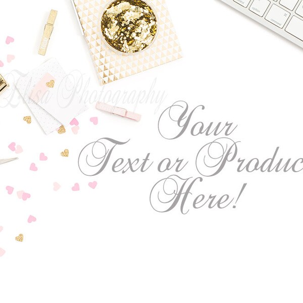 Confetti gestyled stockfotografie | Valentine vormgegeven Desktop | Roze en gouden | Toetsenbord bureaublad Mock-up | Gestileerde foto | glitter confetti