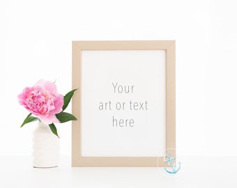 Gold Frame mockup with pink Peony | Minimalist wall art Mock-up Pink Flower White Vase Simple Styled Stock Photography  8x10 16x20 vertical