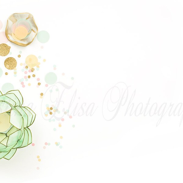 Confetti Styled Stock Photo | Feminine Desktop | Pink Mint Gold | Glitter styled image | lotus flower | Stylized photo | White Background