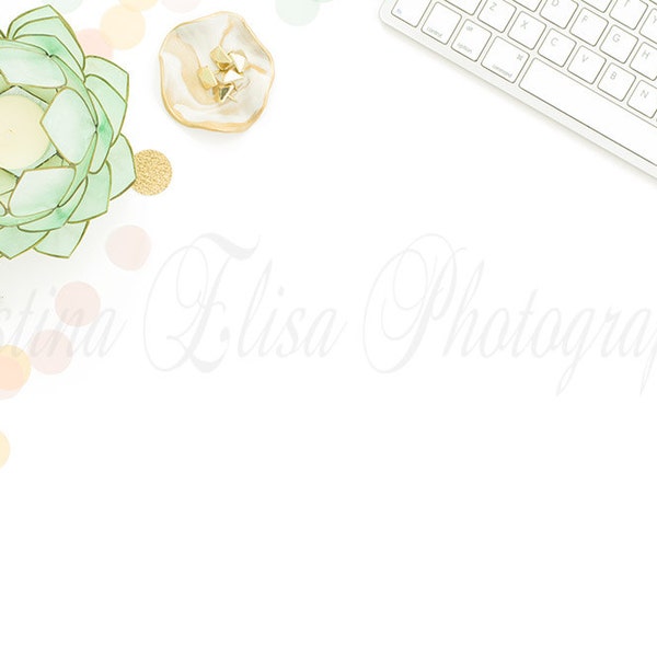 Confetti Styled Stock Photography | Feminine Desktop | Flatlay Pink Mint Gold | Keyboard Desktop Mock-up | Stylized photo | White Background