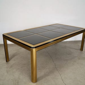 1970’s Hollywood Regency Brass & Smoked Dark Glass Panels Dining Table