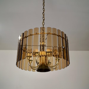 1970’s Hollywood Regency Brass & Smoked Glass Chandelier