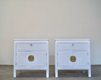 Pair of Vintage Hollywood Regency Nightstands / Cabinets - Refinished in White!