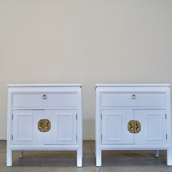 Pair of Vintage Hollywood Regency Nightstands / Cabinets - Refinished in White!