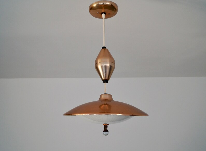 Beautiful Mid Century Modern Pendant Saucer Light Fixture In Copper Glass Re Wired