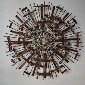 Incredible 1960&#39;s Original Mid-Century Modern Brutalist Sunburst Wall Sculpture in Metal, Copper, and Brass!